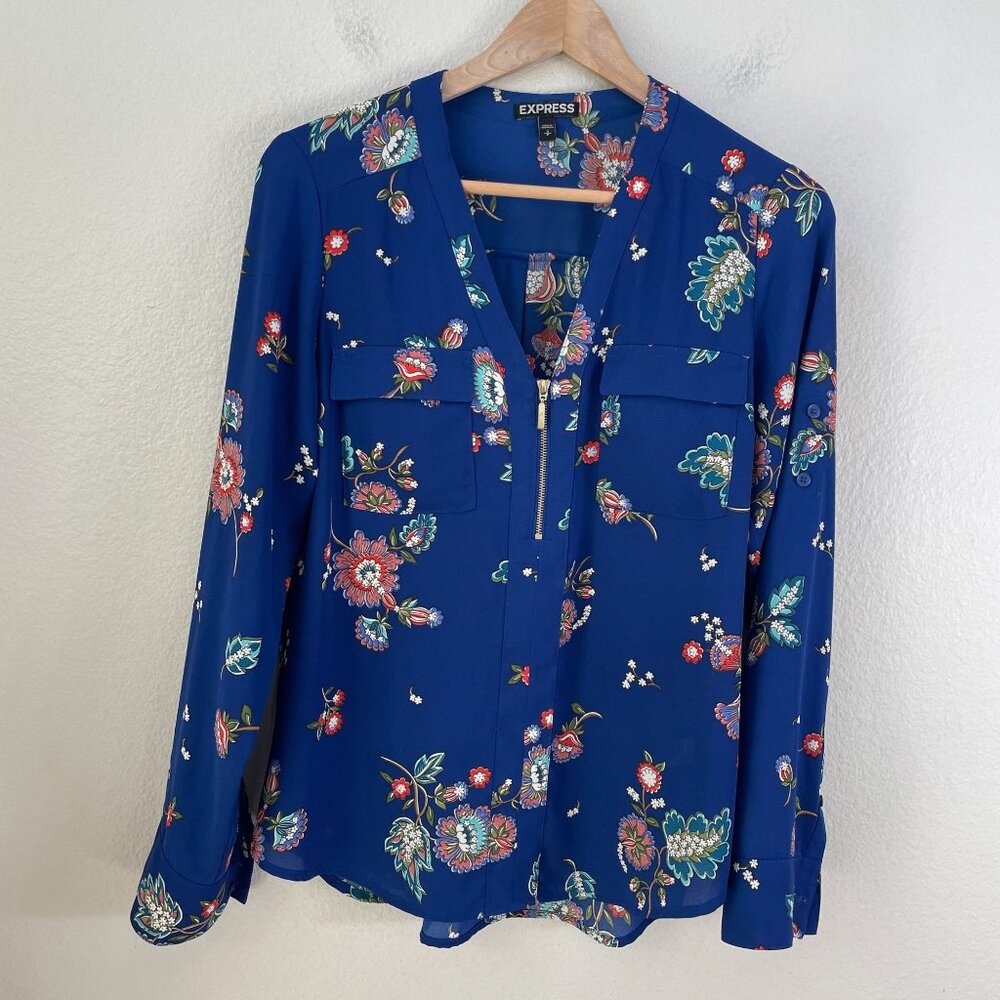 Express Womens Small Blue Floral Long Sleeve Blouse Zip Front V Neck Shirt Top